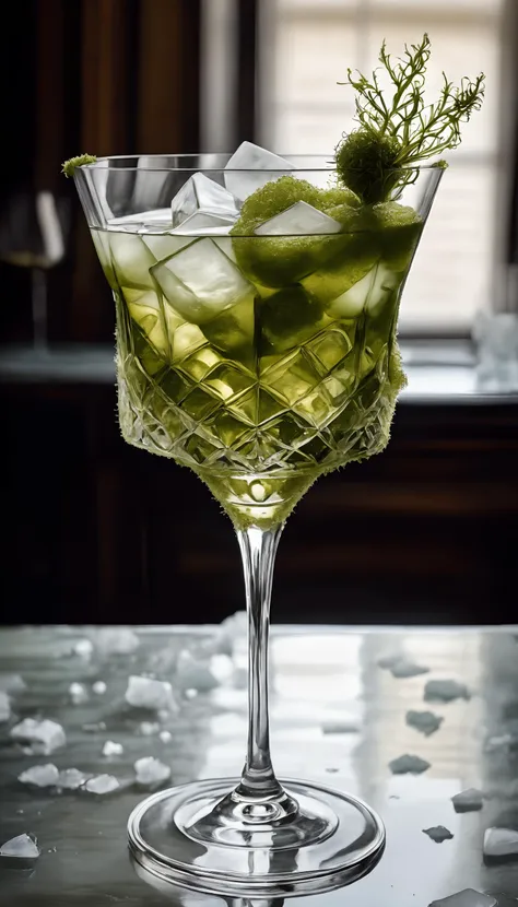 there is a glass of green liquid with a green garnish on it