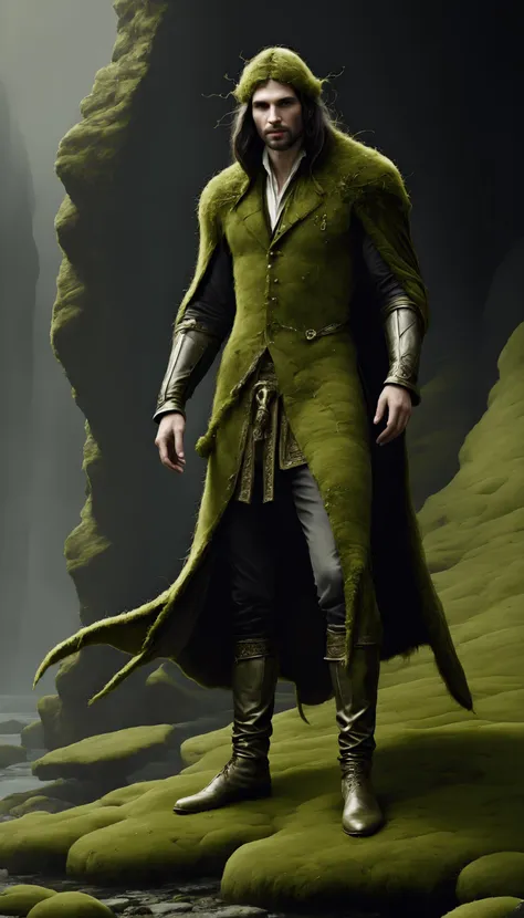 a close up of a person in a green coat standing on a rock