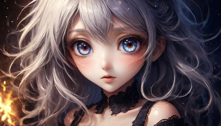 anime girl with blue eyes and long hair with a black dress