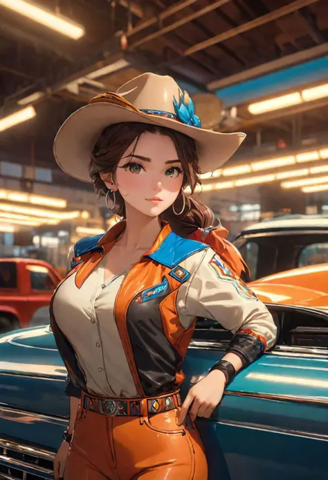 a woman, cowboy, drive ute car, showroom, intricate details, high resolution, close-up view, masterpiece, best quality, beautiful, (colorful), cinematic lighting, extremely detailed CG unity 8k wallpaper,