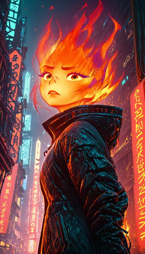 ember, fire, girl made of fire, 1girl, masterpiece, 8k, highly detailed,  cyberpunk style, cyberpunk, city, neon lights, neon signs,
<lora:Ember_Elemental:1> <lora:CyberpunkSDXL:1> SimplepositiveXLv1