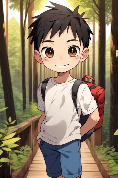 a young boy with a backpack standing on a bridge in the woods