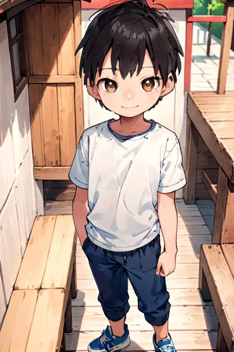 anime boy standing in a wooden cabin with a white shirt and blue pants