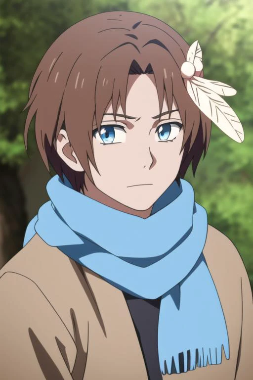 masterpiece, best quality, high quality, 1boy, solo, male focus, looking at viewer, upper body, <lora:yun:0.84>, yun, blue eyes, hair ornament, brown hair, scarf, feather hair ornament, <lora:animemix_v3_offset:0.75>