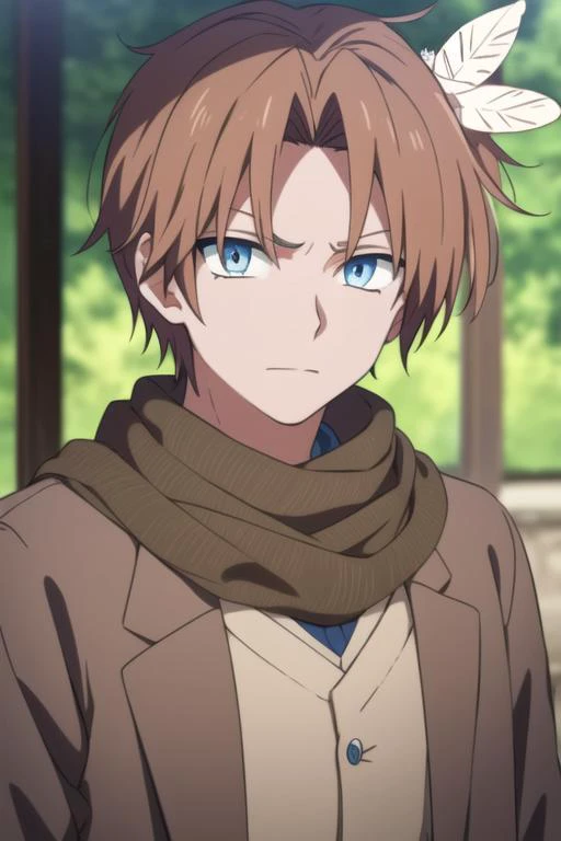 masterpiece, best quality, high quality, 1boy, solo, male focus, looking at viewer, upper body, <lora:yun:0.78>, yun, blue eyes, hair ornament, brown hair, scarf, feather hair ornament,