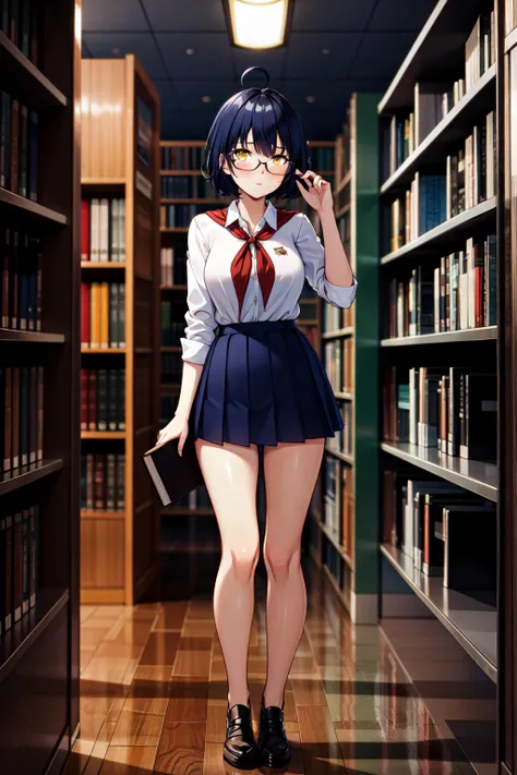 solo, beautiful, (masterpiece:1.2), (best quality:1.2), library, librarian, complex stuff around, cinematic, perfect eyes, perfect face, prefect skin, shiny skin, perfect lighting, 1girl, blush, white shirt, red neckerchief, blue skirt, pleated skirt, stan...