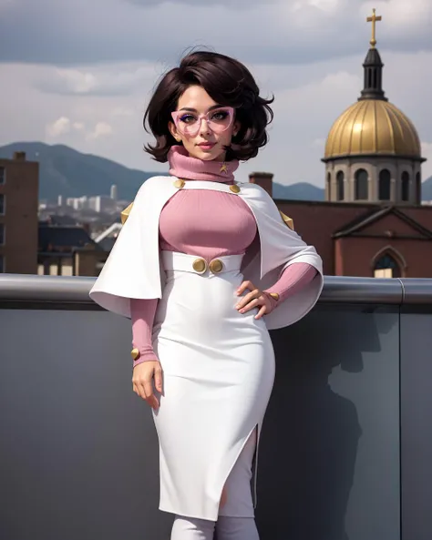 1girl, solo, adult mature woman, age 30, high quality, best quality, highres, high detal  Royal Chapel backdrop, <lora:Char_pokemon-Wicke:0.85> wicke, short hair, pink eyewear, turtleneck, capelet, dress, standing