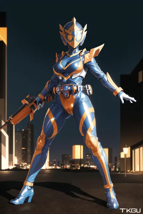 masterpiece, best quality,4k,8k, Kamen_Rider_Jeanne, 1girl,  female focus, battle pose,large breasts, abs,cameltoe,white and metallic orange costume,orange helmet,rider belt,tokusatsu,glossy skin tight bodysuit,at night,city background, glowing eyes, <lora...