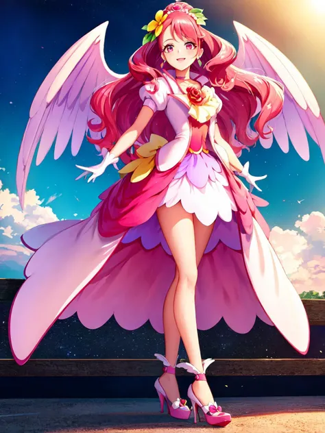 masterpiece, best quality, looking at viewer, depth of field, standing, full body, 
1girl, <lora:locon_cure_grace_01:0.9>, cure grace, wings, long dress,long skirt, pink hair, flower, gloves, jacket, hair flower, hair ornament, tiara, earrings, ascot,  whi...