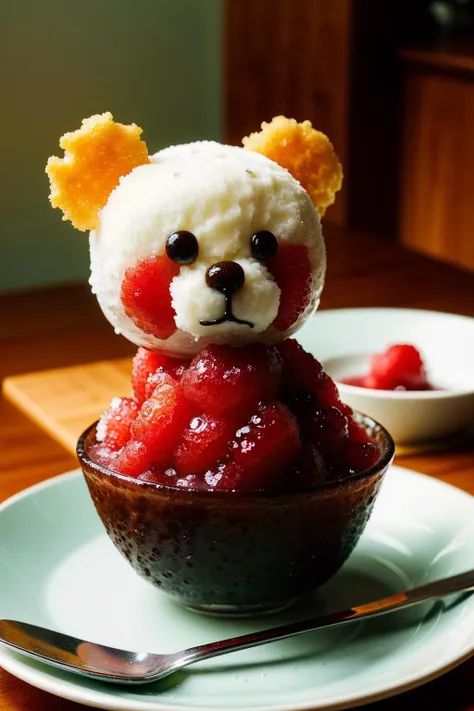 there is a small bowl of ice cream with a teddy bear on top