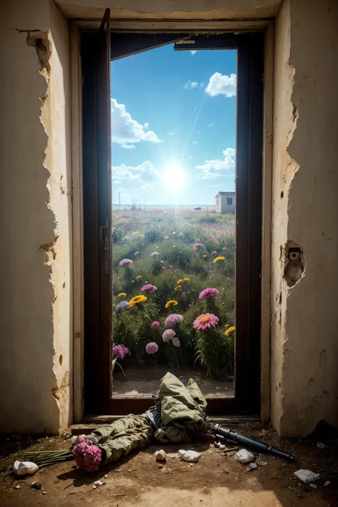 a view of a field with flowers and a gun in the foreground