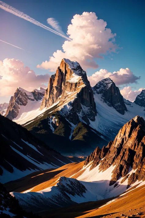 a view of a mountain range with snow covered mountains in the distance