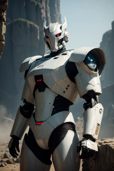 masterpiece, best quality,
cinematic film still, realistic, portrait, solo, white mecha robot, cape, science fiction, torn clothes, glowing, standing, robot joints, mecha, armor, cowboy shot, (floating cape), intense sunlight, silver dragonborn, outdoors, ...