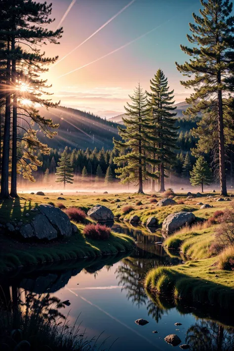 a river running through a forest with trees and rocks