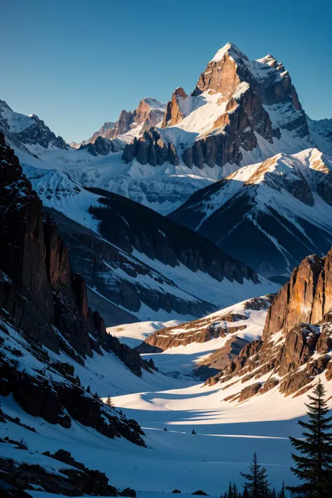 mountains covered in snow and snow with a few trees in the foreground