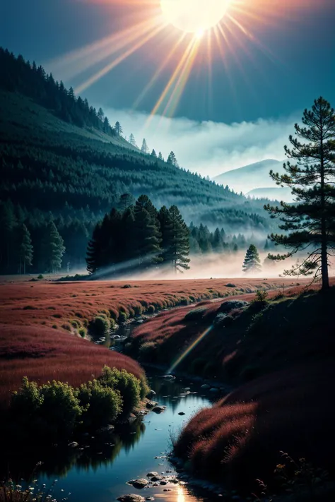 a close up of a stream in a field with trees and fog