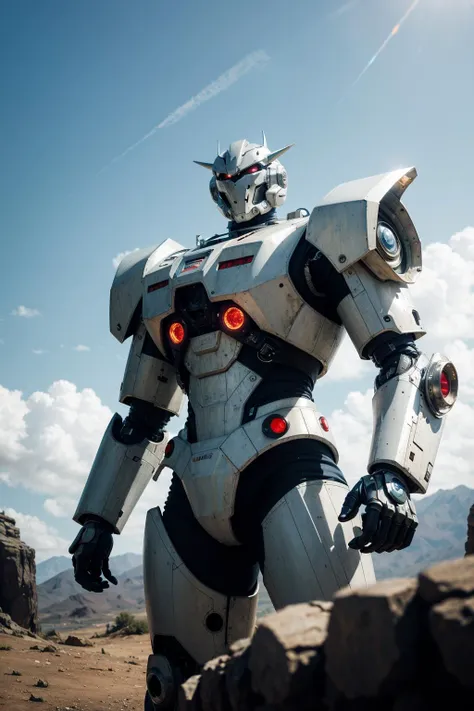 a close up of a robot standing on a rocky surface