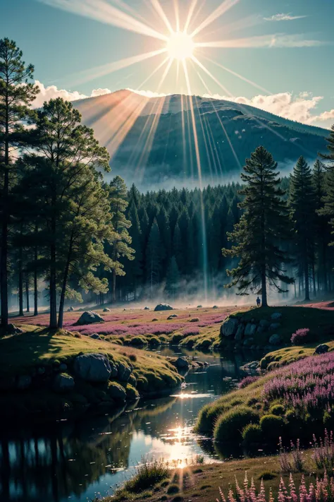 a view of a mountain with a river and trees in the foreground