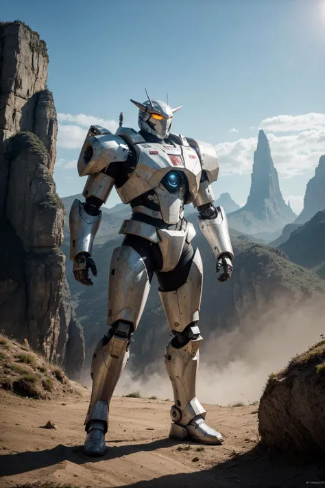 a man in a suit standing on a mountain with a mountain in the background