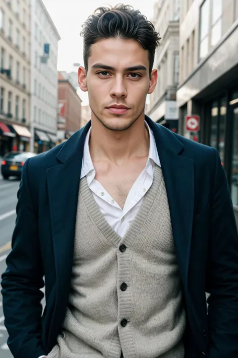 a close up of a man in a vest and vest jacket