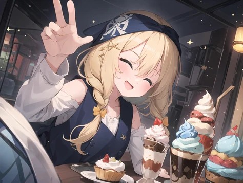 anime girl with a hat and a blue vest sitting at a table with cupcakes