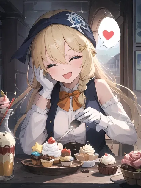 anime girl sitting at a table with cupcakes and a bottle of milk