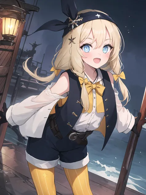 anime girl with a sword and a sailor outfit on a ship