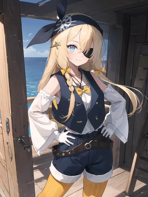 a woman in a sailor outfit standing on a deck next to the ocean