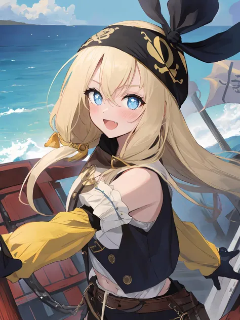 anime girl with a pirate hat and a sword on a boat