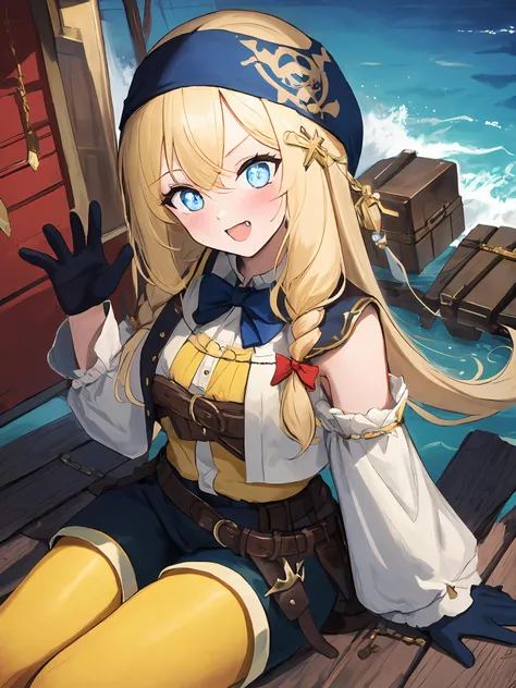 anime girl sitting on a dock with a pirate hat and gloves