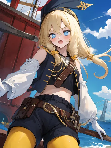 anime girl in pirate costume standing on a boat with a sword