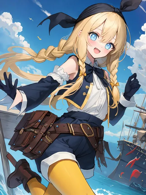 anime girl with long blonde hair and blue eyes standing on a boat