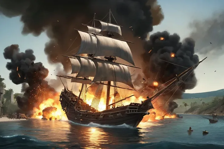 A pirate ship attacks a settlement on the shore, cannon fire, explosions on the shore