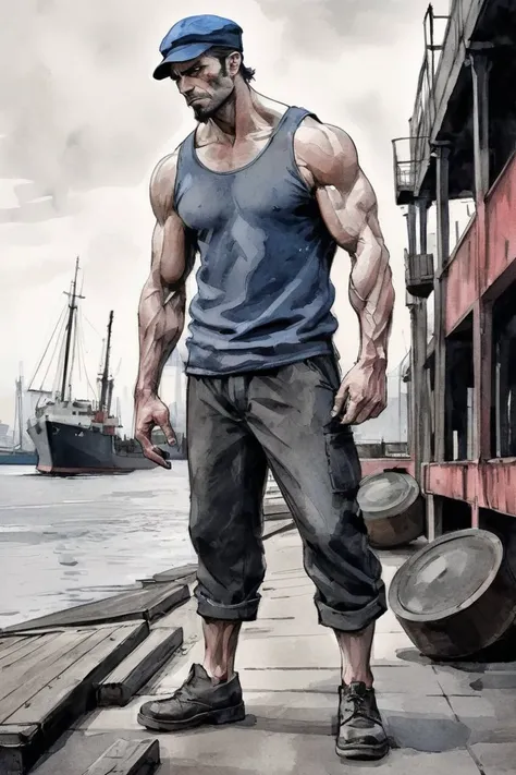 man, 30 years old, full body, powerful muscles, ugly contorted face, wearing dockers cap and old work clothes, harbor quay, port, Selective Color steel Neo-noir style mood,, watercolor sketch in artistic style, large strokes, finalized with ink, fine lines