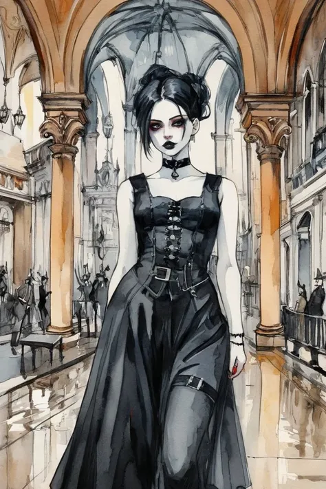 A place located in the year 1900 with influence of Baroque and Neo-Gothic architecture woman 25yo and Tom, gothpunk style, watercolor sketch in artistic style, large strokes, finalized with ink, fine lines