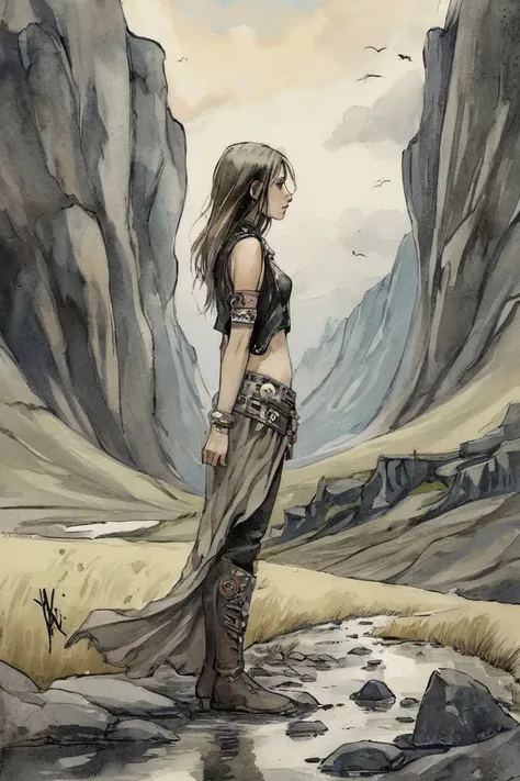 A valley forgotten by time woman 25yo, costs, steelpunk style, watercolor sketch in artistic style, large strokes, finalized with ink, fine lines