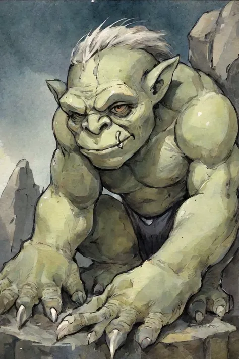 Stone-troll creature, mythpunk style <lora:Perfect Hands:1>, watercolor sketch in artistic style, large strokes, finalized with ink, fine lines