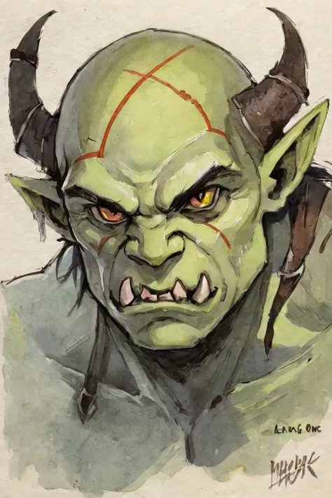 Half-orc creature, magicpunk style <lora:Perfect Hands:1>, watercolor sketch in artistic style, large strokes, finalized with ink, fine lines