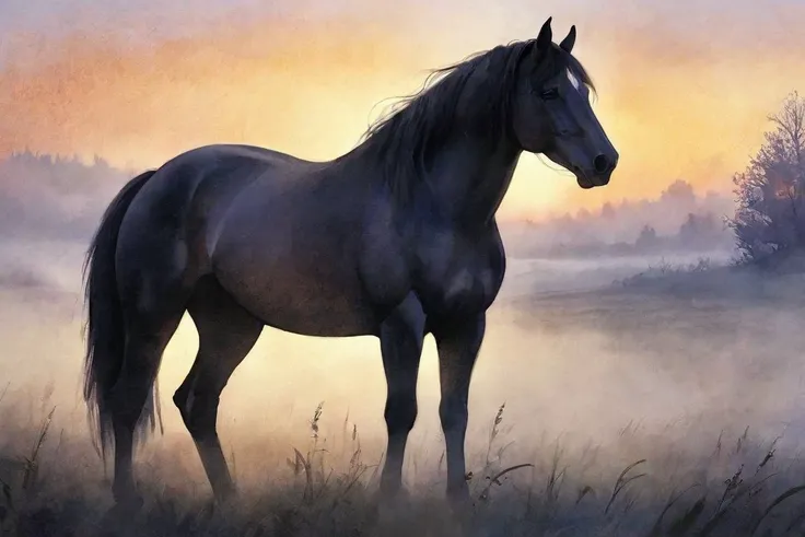 a black horse silhouette is grazing in a foggy field, a mystical misty glow, in volumetric soft glowing mist, ethereal mist, volumetric light and mist, dreamy atmospheric, in the morning mist, the brilliant dawn on the meadow, volumetric light and fog, wat...