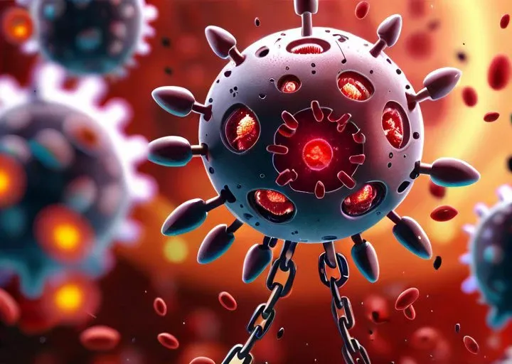 The nano robo virus attacks a cell in the body, against the background of blood cells and DNA and RNA chains, (masterpiece), (realistic), 8k, RAW photo, very wide shot, octane render, unreal engine, volumetrics dtx, (film grain, bokeh, blurry foreground)