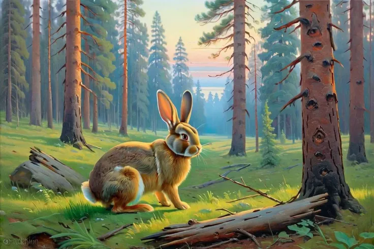 painting, canvas, oil, morning, pine forest, a rabbit, by Ivan Shishkin