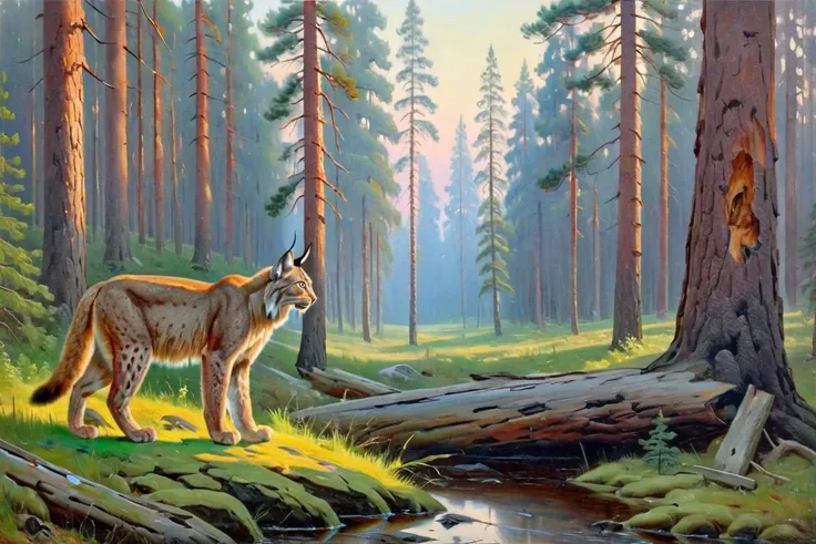 painting, canvas, oil, morning, pine forest, a lynx, by Ivan Shishkin