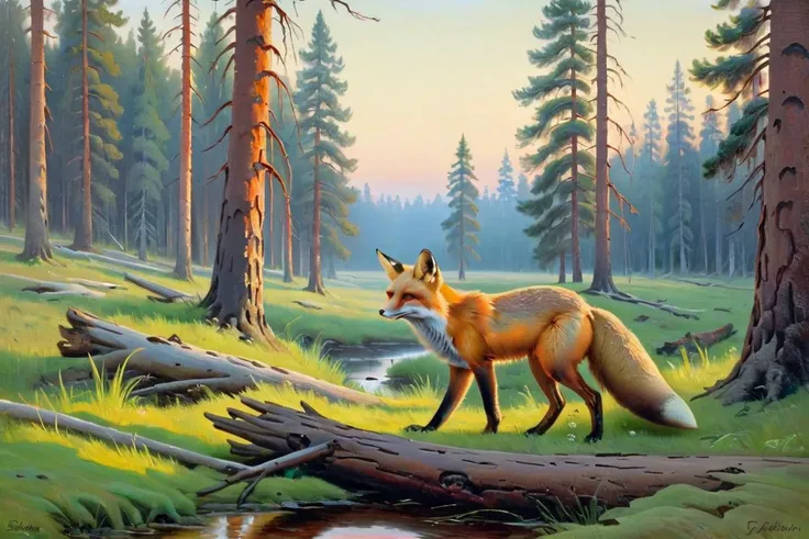 painting, canvas, oil, morning, pine forest, a fox, by Ivan Shishkin