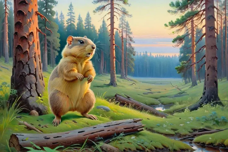 painting, canvas, oil, morning, pine forest, a gopher, by Ivan Shishkin