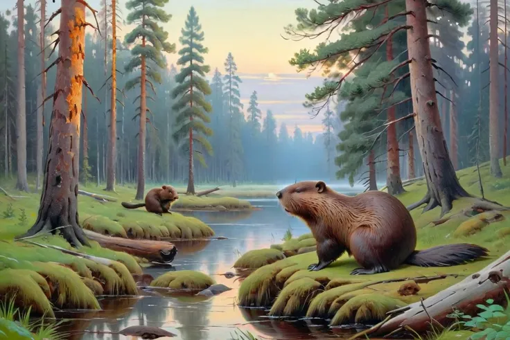 painting, canvas, oil, morning, pine forest, a beaver, by Ivan Shishkin