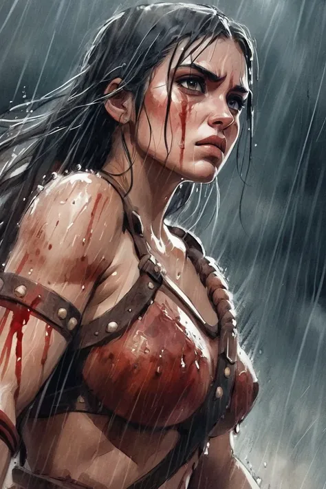 style,Epic illustration of a barbarian warrior woman, standing resolute in the pouring rain,looking at the camera, close up, evoking the grandeur of Gladiator, soaked in blood, undamaged details, while rendering with dynamic lighting, sweeping camera angle...