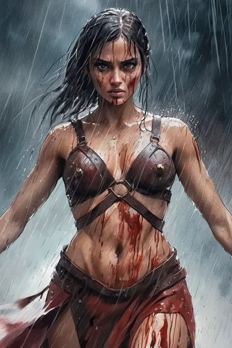 style,Epic illustration of a barbawarrior woman, standing resolute in the pouring rain,looking at the camera, close up, evoking the grandeur of Gladiator, soaked in blood,undamaged details, while rendering with dynamic lighting, sweeping camera angles, and...