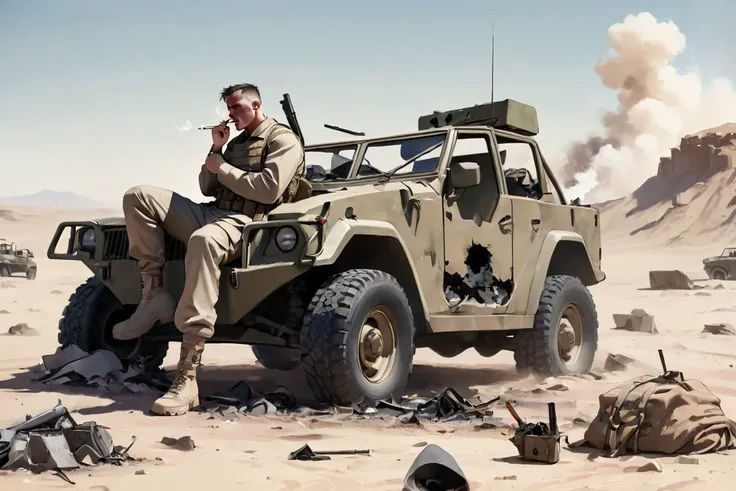 8k, detailed image, soldier man smokes, sitting on a ground, An (crashed:1.4) army 4x4 car, desert, (fire:0.2)