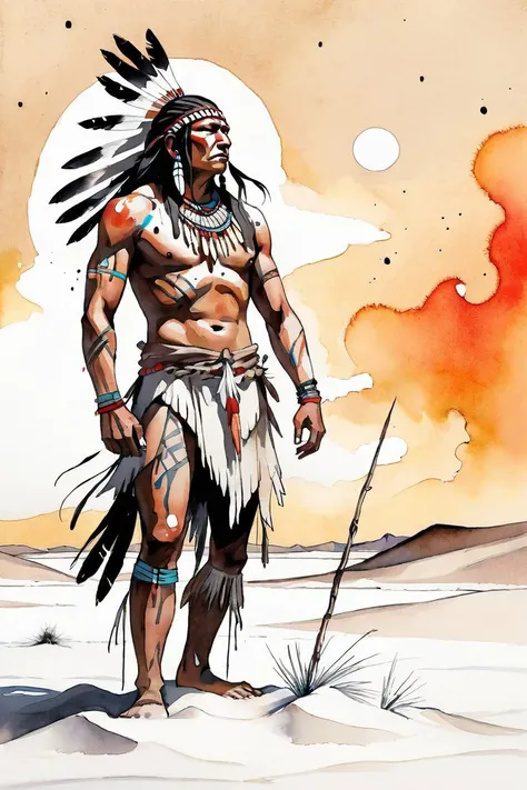 Ink illustration, detailed, native american warrior standing in a salt white desert, wind, drifts, dunes, bright vivid color palette, ink runs, ink spots, faded ink, ink stains, ink splatters, linquivera, watercolor sketch in artistic style, large strokes,...