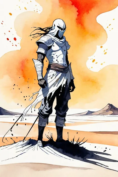 Ink illustration, detailed, white warrior standing in a salt white desert, wind, drifts, dunes, bright vivid color palette, ink runs, ink spots, faded ink, ink stains, ink splatters, linquivera, watercolor sketch in artistic style, large strokes, finalized...